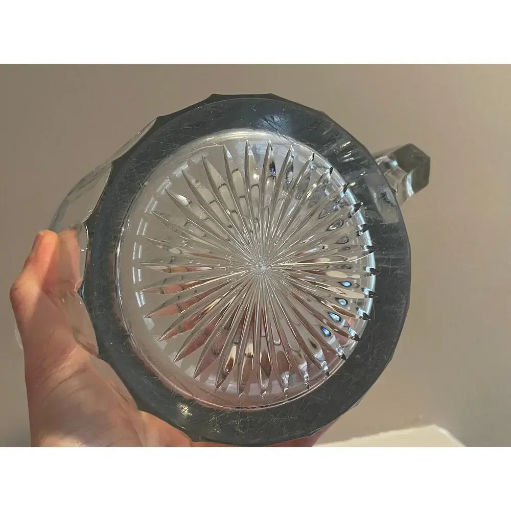 Vintage Small Heavy Clear Glass Pitcher with Ribbed Design, Square Handle